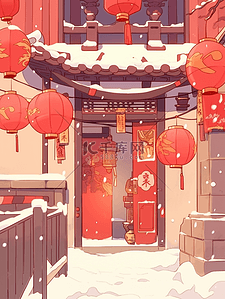 春节新年家门口红灯笼喜庆氛围插画