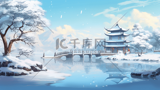 雪山林插画图片_冬季中国风古风建筑山水插画2