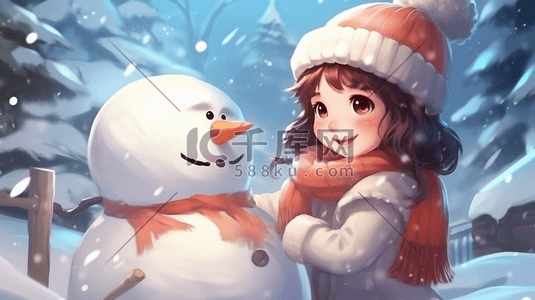 冬季冬天小女孩插画图片_手绘小女孩与雪人嬉戏插画3