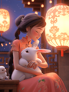 3d中秋兔子插画图片_中秋月圆团圆嫦娥仙女兔子3d插画