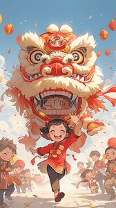 中国风新年舞狮插画手绘