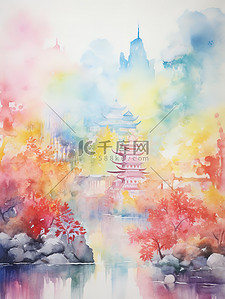 彩色中国风山水插画图片_空灵抽象彩色中国风山水插画4