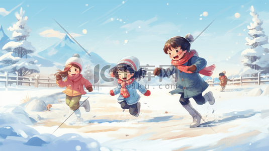 冬天儿童在雪地里打雪仗插画17