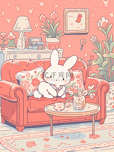 可爱的小手插画图片_涂鸦可爱手帐风客厅里的小兔子