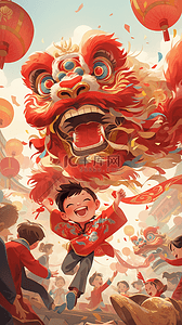 中国风插画新年舞狮手绘
