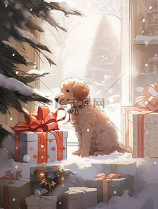 圣诞盒礼物插画图片_可爱的小狗圣诞树下和礼物盒2