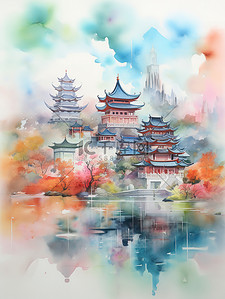 彩色中国风山水插画图片_空灵抽象彩色中国风山水插画11