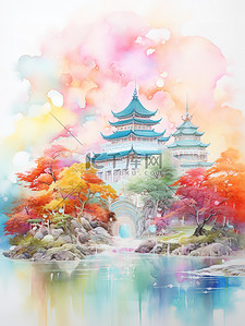 空灵抽象彩色中国风山水插画6