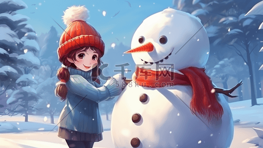 手绘小女孩与雪人嬉戏插画4