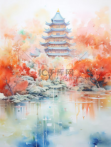 彩色中国风山水插画图片_空灵抽象彩色中国风山水插画7
