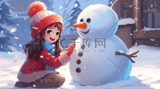 手绘可爱女孩跟雪人玩耍插画19