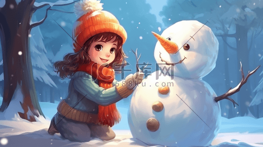 手绘可爱女孩跟雪人玩耍插画15