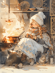 冬季保暖插画图片_冬季火炉边烤火的小女孩插画11