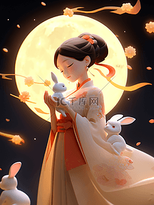 中秋月圆团圆嫦娥仙女兔子3d插画