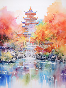 空灵抽象彩色中国风山水插画9