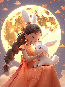 中秋节月圆团圆嫦娥仙女兔子3d插画
