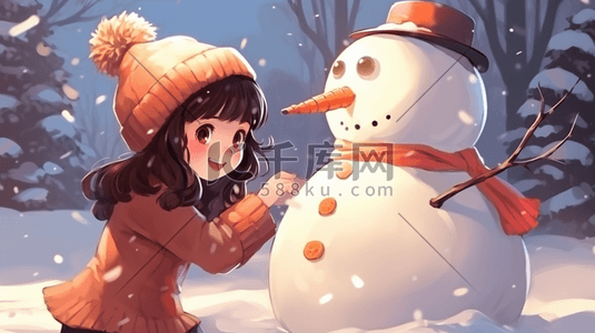 手绘可爱女孩跟雪人玩耍插画8