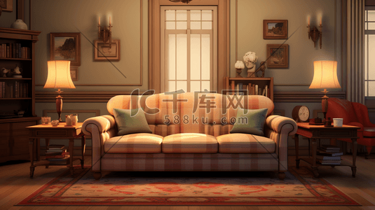 美式客厅沙发一角温馨插画1