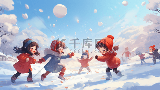 冬天儿童在雪地里打雪仗插画10