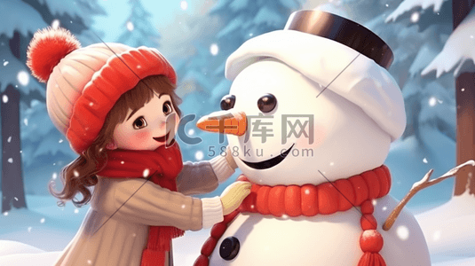 冬季下雪女孩唯美插画图片_手绘可爱女孩跟雪人玩耍插画16