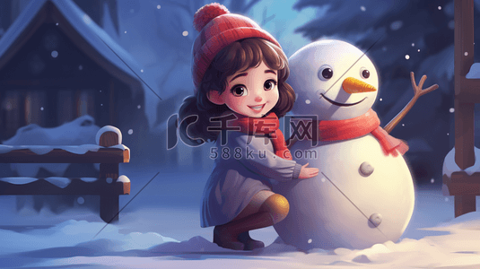 冬季下雪女孩唯美插画图片_手绘可爱女孩跟雪人玩耍插画6