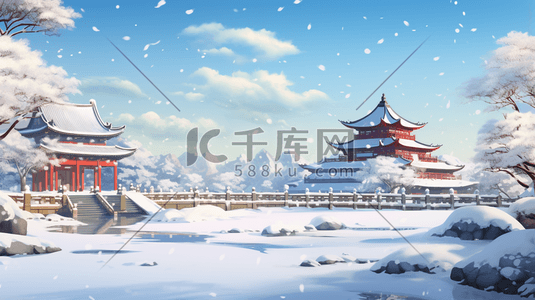 雪山林插画图片_冬季中国风古风建筑山水插画13