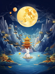 月饼礼盒展开插画图片_山兔子月饼月亮云海中秋节海报13
