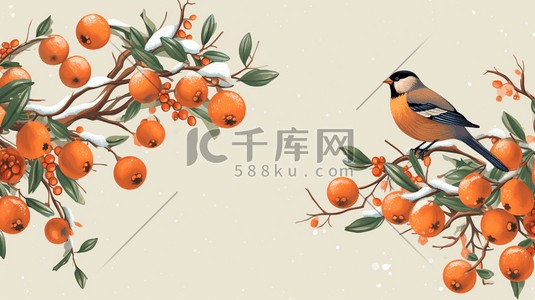 麻雀啄木鸟插画图片_冬季柿子树麻雀插画10
