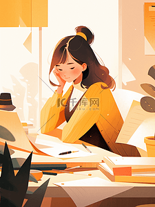 书桌读书插画图片_黄色坐在书桌旁读书的女孩插画22