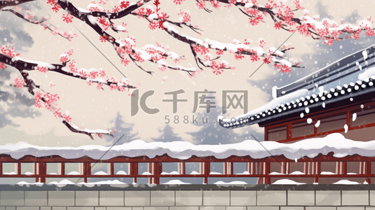 中国风古典围墙外的梅花插画31