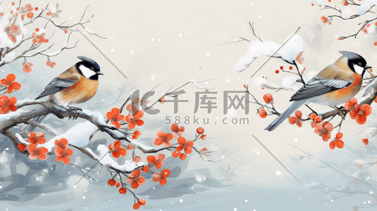 麻雀啄木鸟插画图片_冬季柿子树麻雀插画8