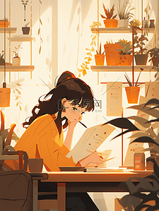 黄色坐在书桌旁读书的女孩插画25