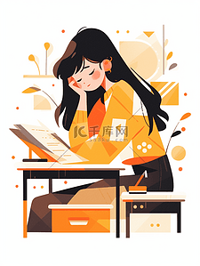 黄色坐在书桌旁读书的女孩插画196