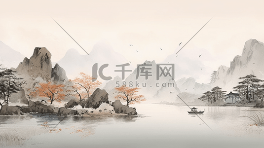 中国风数字艺术插画图片_中国风古典山水画唯美插画25