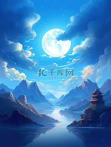 圆月中秋插画图片_夜色高山河流圆月4