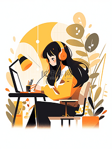 书桌读书插画图片_黄色坐在书桌旁读书的女孩插画3