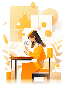 学习黄色插画图片_黄色坐在书桌旁读书的女孩插画6