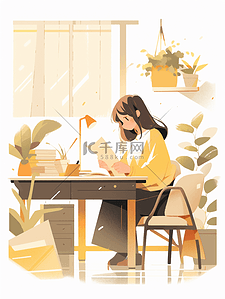 黄色坐在书桌旁读书的女孩插画14