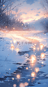 给主播点点关注插画图片_梦幻的冬天雪地里的点点灯光