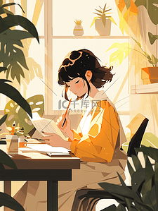 黄色坐在书桌旁读书的女孩插画21