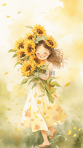 明黄色你好秋天抱着向日葵的快乐小女孩