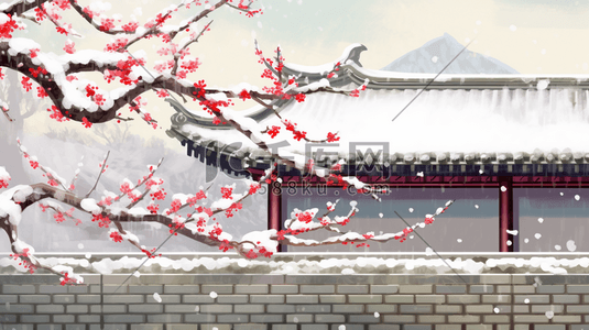 中国风古典围墙外的梅花插画32