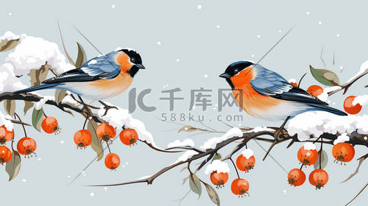 冬季柿子树麻雀插画40