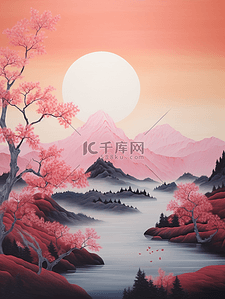 简约古典中国风插画图片_红色中国风山水风景插画7