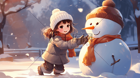 写实动画插画图片_雪地里堆雪人的小朋友冬季雪景插画8