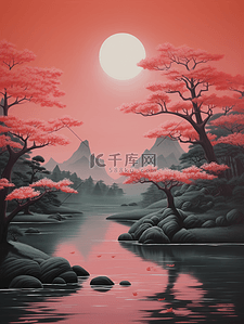 红色中国风山水风景插画5