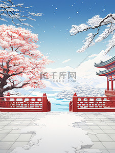 雪景红墙插画图片_中国古建筑红墙青瓦雪景18