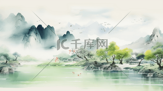 古典水墨山水插画图片_中国古典唯美山水风景插画32