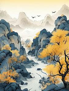 黄色中国风山水风景插画3