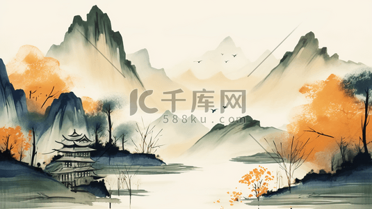 中国风橘色插画图片_黄色中国风山水风景插画19